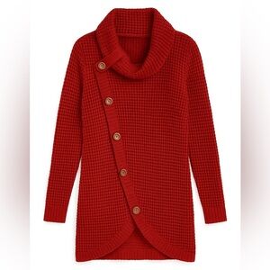 New Asymmetrical Button Cowl Neck Chunky Knit Red Sweater Soft Cozy Casual Small
